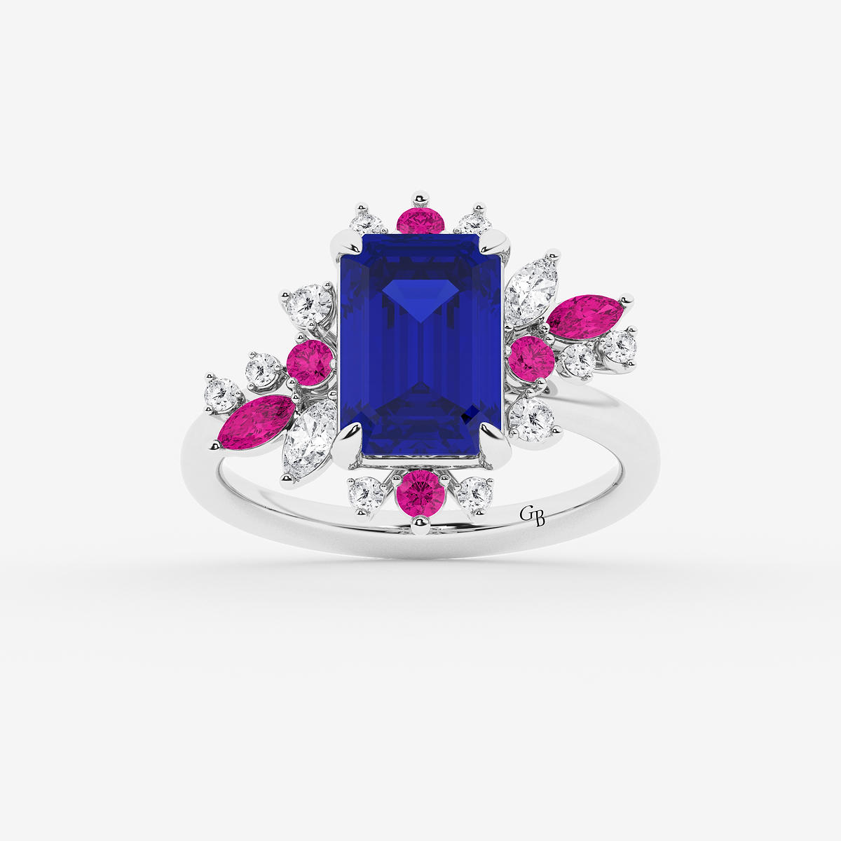 5 ctw Emerald Cut Created Blue Sapphire with Round and Marquise Lab Grown Diamond Nature Inspired Ring