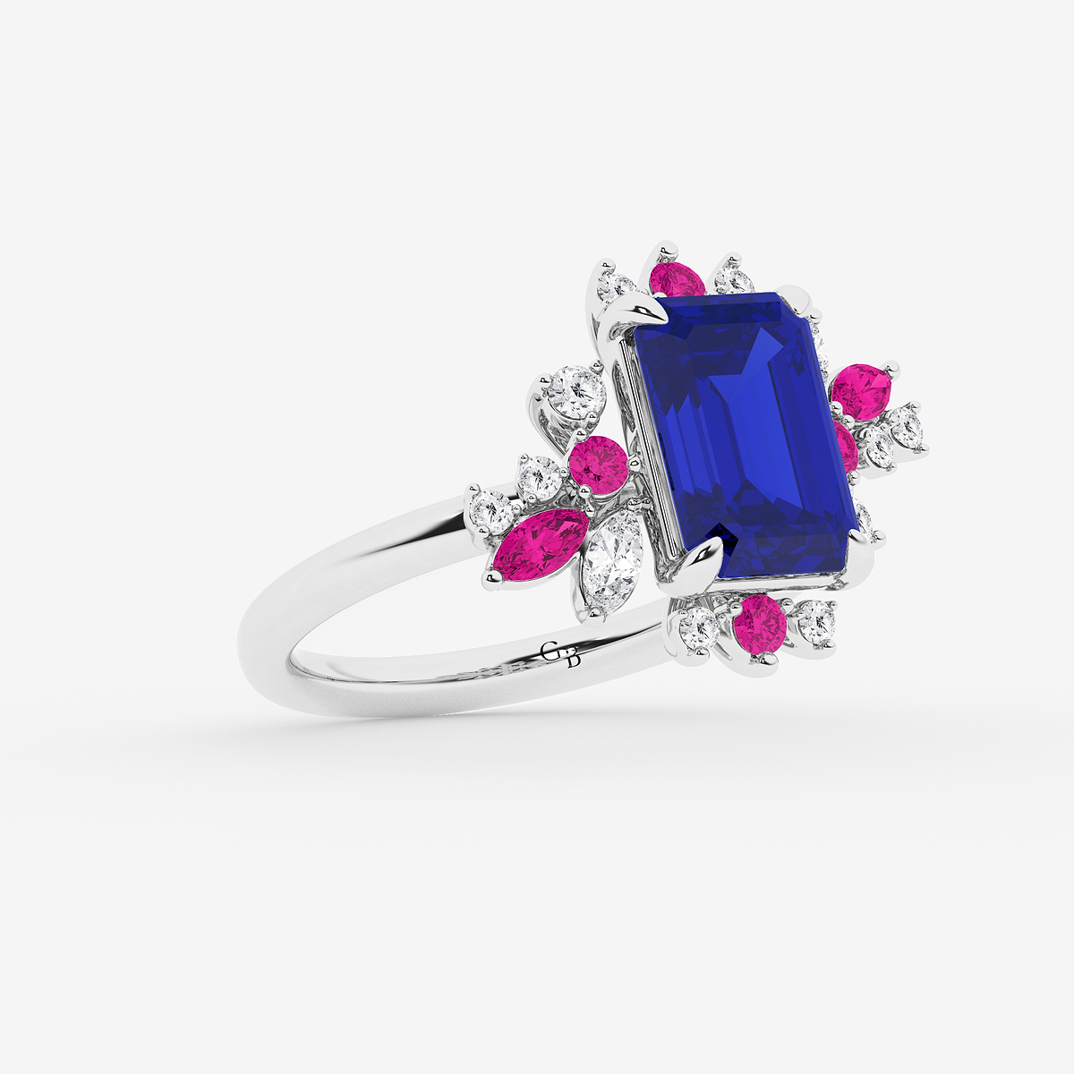 Additional Image 1 for  5 ctw Emerald Cut Created Blue Sapphire with Round and Marquise Lab Grown Diamond Nature Inspired Ring