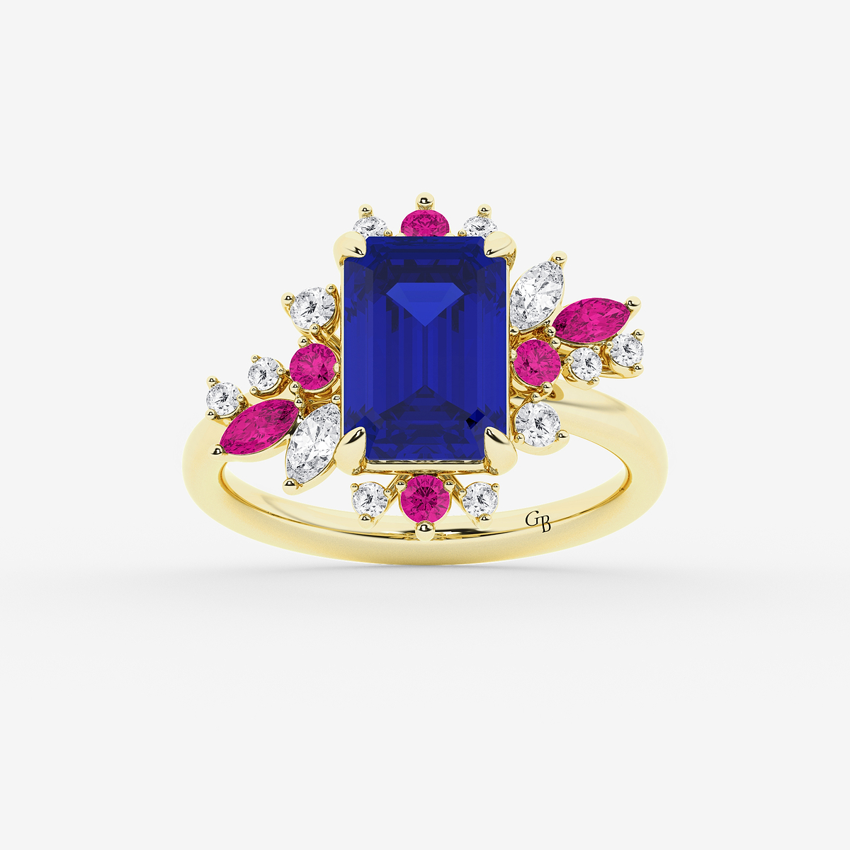 5 ctw Emerald Cut Created Blue Sapphire with Round and Marquise Lab Grown Diamond Nature Inspired Ring