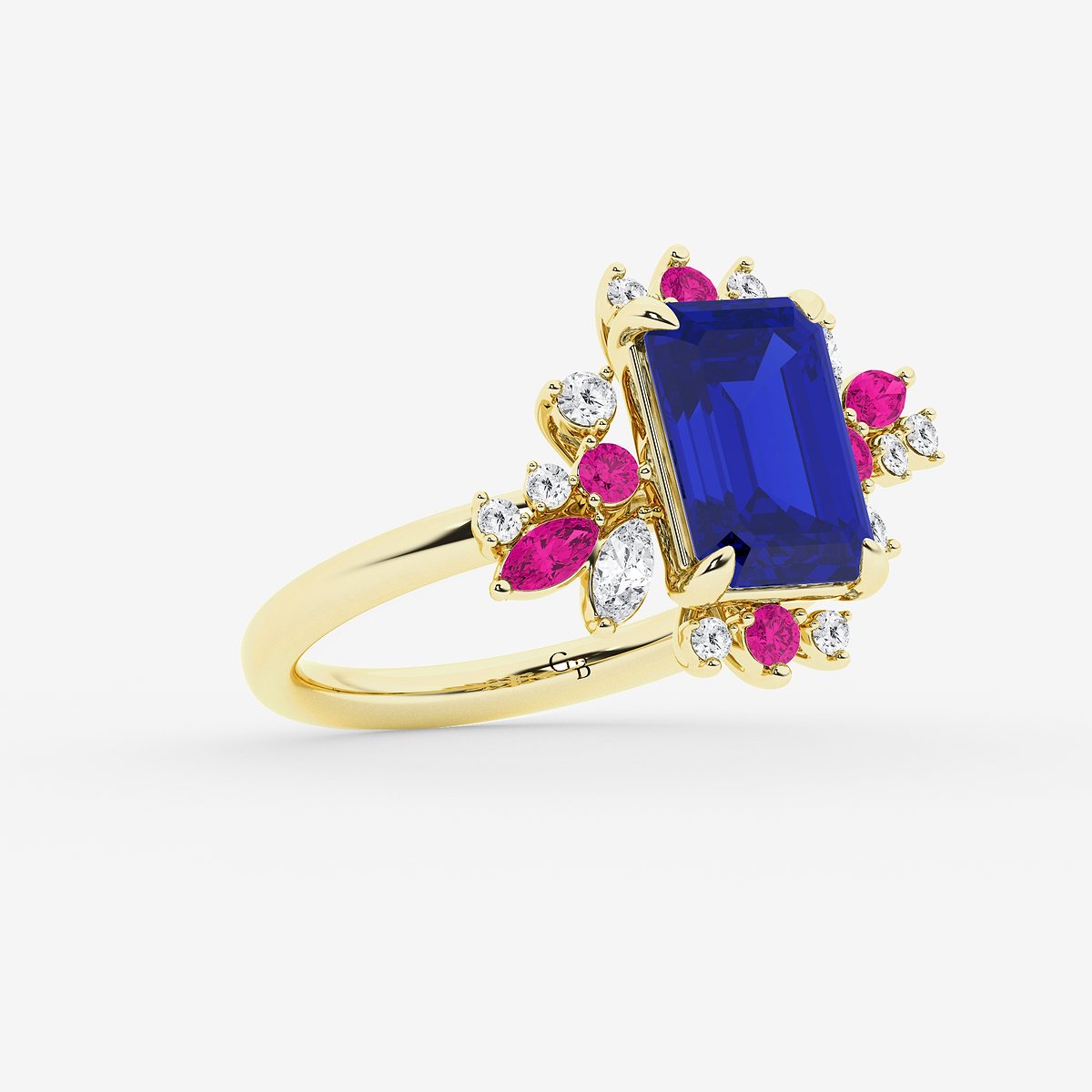 Additional Image 1 for  5 ctw Emerald Cut Created Blue Sapphire with Round and Marquise Lab Grown Diamond Nature Inspired Ring