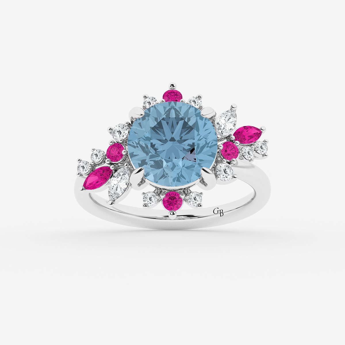 6 1/4 ctw Round Cut Created Aquamarine with Round and Marquise Lab Grown Diamond Nature Inspired Ring