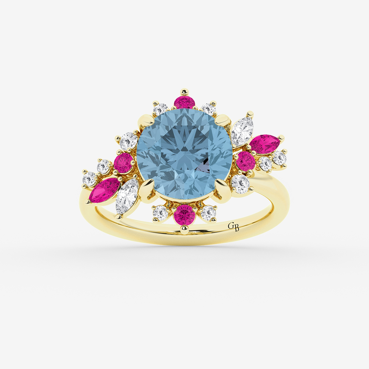 6 1/4 ctw Round Cut Created Aquamarine with Round and Marquise Lab Grown Diamond Nature Inspired Ring