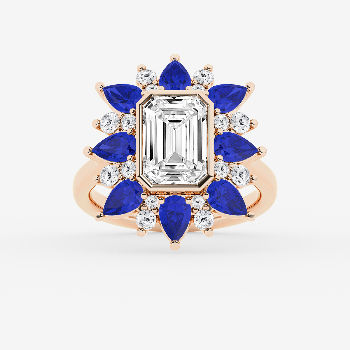 6 ctw Emerald and Round Lab Grown Diamond Petal Ring with Pear Cut Blue Sapphire