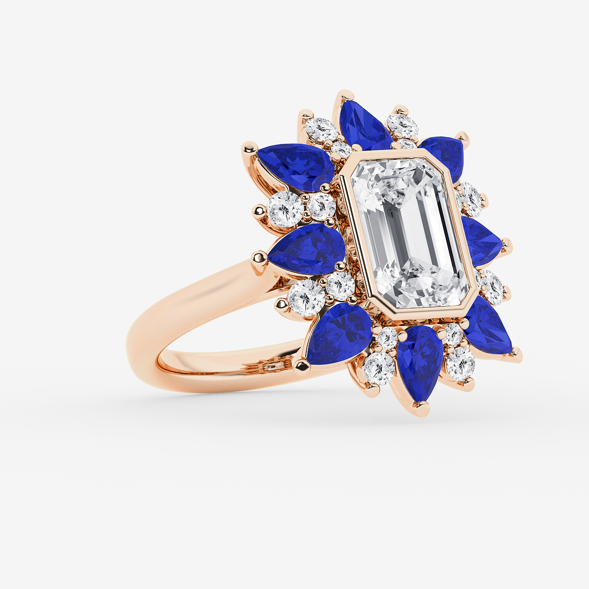 Additional Image 1 for  6 ctw Emerald and Round Lab Grown Diamond Petal Ring with Pear Cut Blue Sapphire