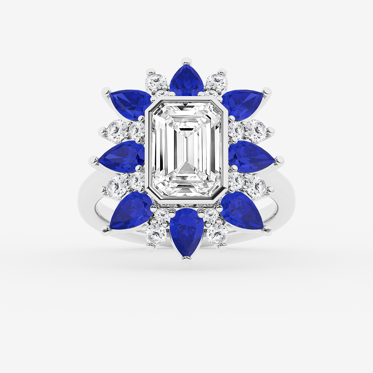 6 ctw Emerald and Round Lab Grown Diamond Petal Ring with Pear Cut Blue Sapphire