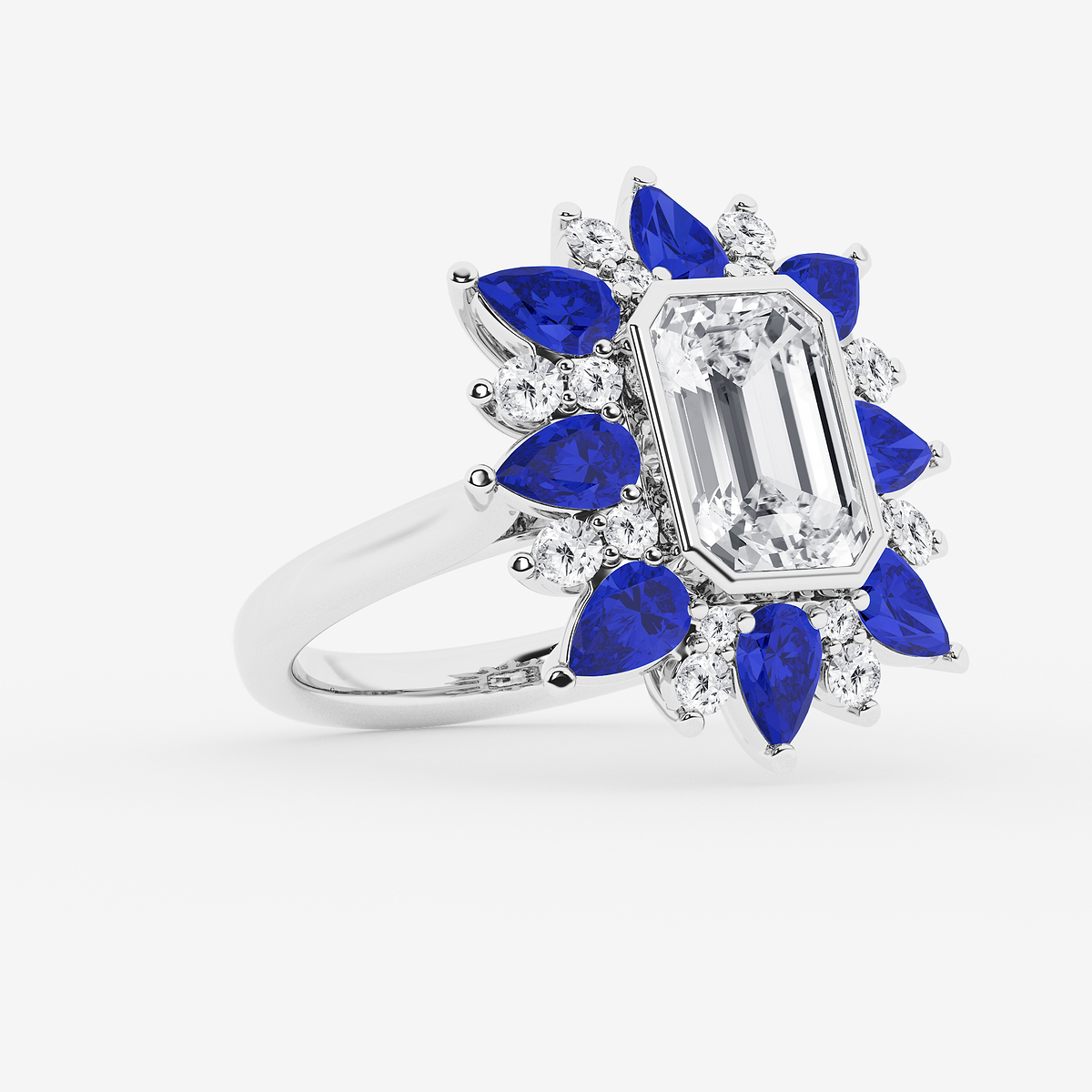 Additional Image 1 for  6 ctw Emerald and Round Lab Grown Diamond Petal Ring with Pear Cut Blue Sapphire