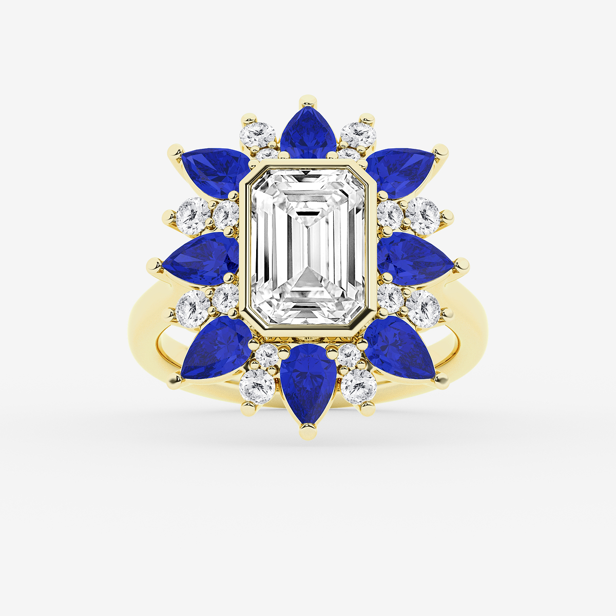 3 1/2 ctw Emerald and Round Lab Grown Diamond Petal Ring with 5x3 mm Pear Cut Blue Sapphire
