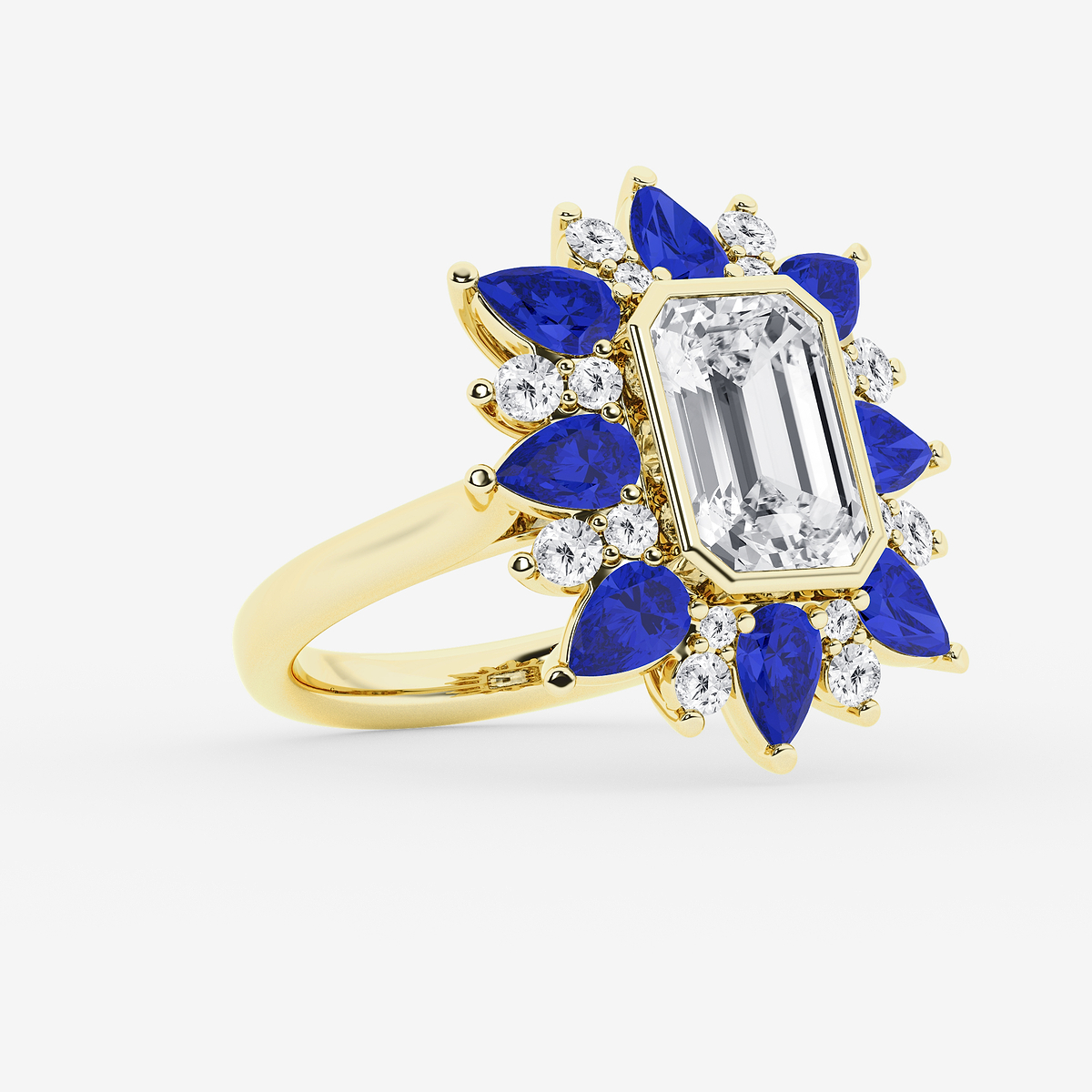 Additional Image 1 for  3 1/2 ctw Emerald and Round Lab Grown Diamond Petal Ring with 5x3 mm Pear Cut Blue Sapphire