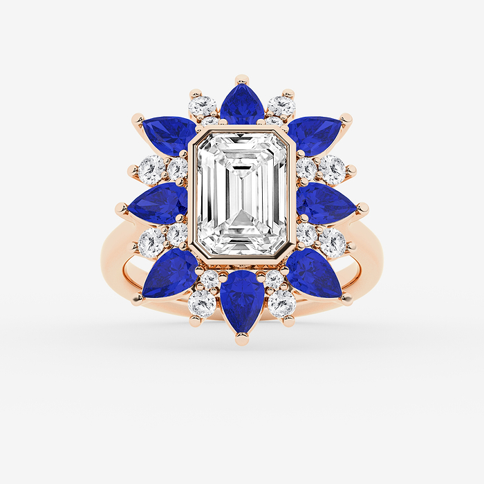 Emerald and Round Petal Ring with Pear Cut Blue Sapphire