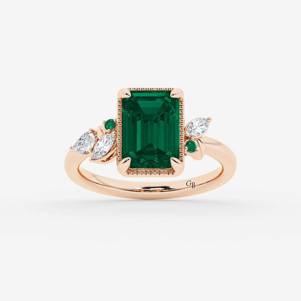 3 3/4 ctw Emerald Cut Created Emerald and Marquise Lab Grown Diamond Milgrain Framed Ring