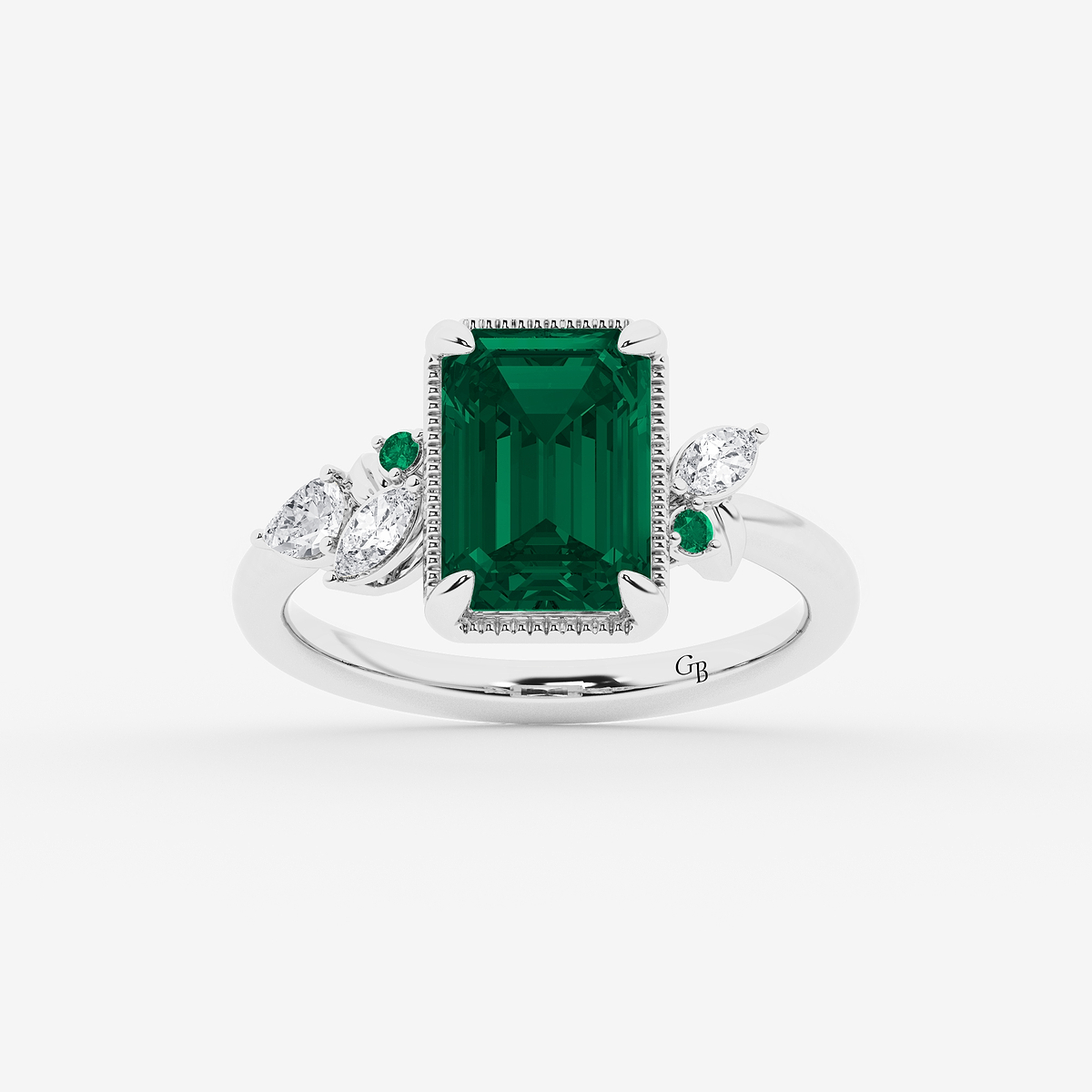 3 3/4 ctw Emerald Cut Created Emerald and Marquise Lab Grown Diamond Milgrain Framed Ring