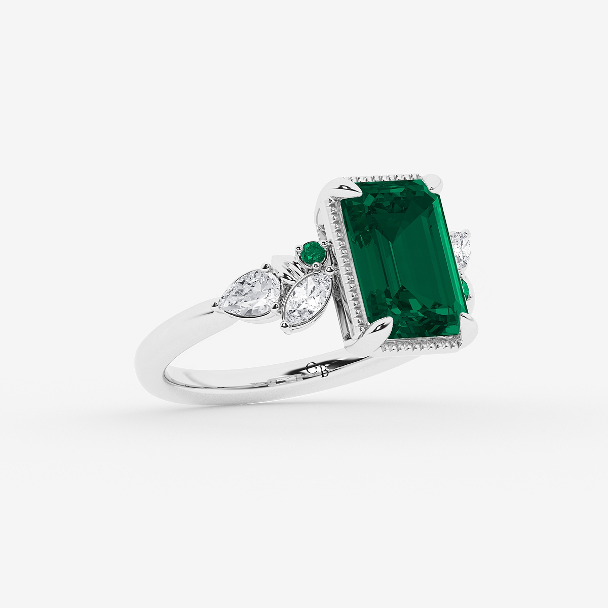 Additional Image 1 for  3 3/4 ctw Emerald Cut Created Emerald and Marquise Lab Grown Diamond Milgrain Framed Ring