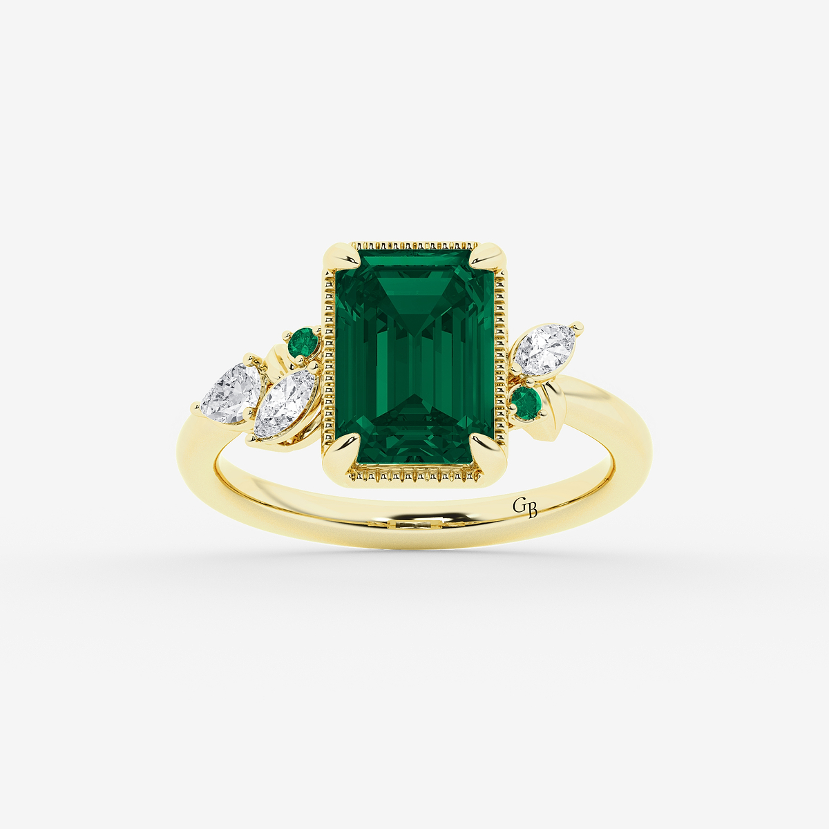 3 3/4 ctw Emerald Cut Created Emerald and Marquise Lab Grown Diamond Milgrain Framed Ring