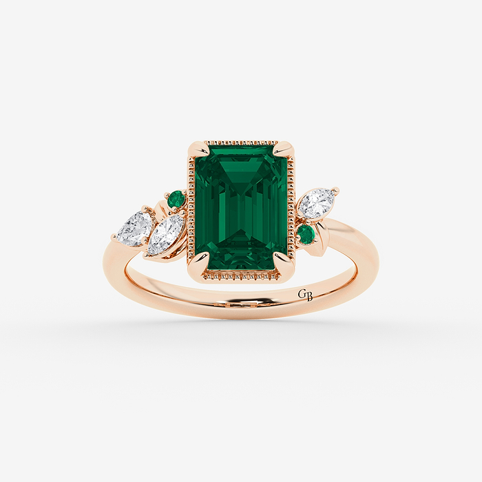 Jordan - 10x7 mm Emerald Cut Created Emerald and 1/4 ctw Marquise Lab Grown Diamond Milgrain Framed Ring