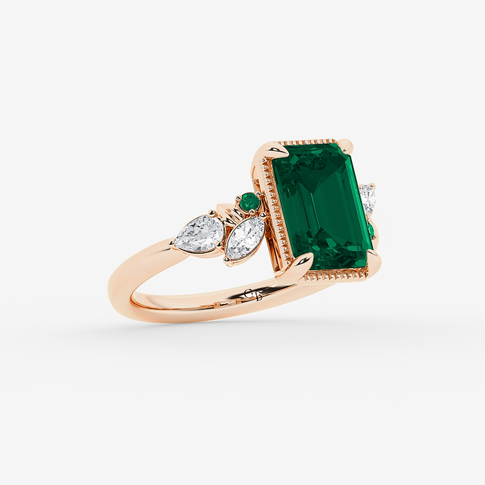 Jordan - 10x7 mm Emerald Cut Created Emerald and 1/4 ctw Marquise Lab Grown Diamond Milgrain Framed Ring