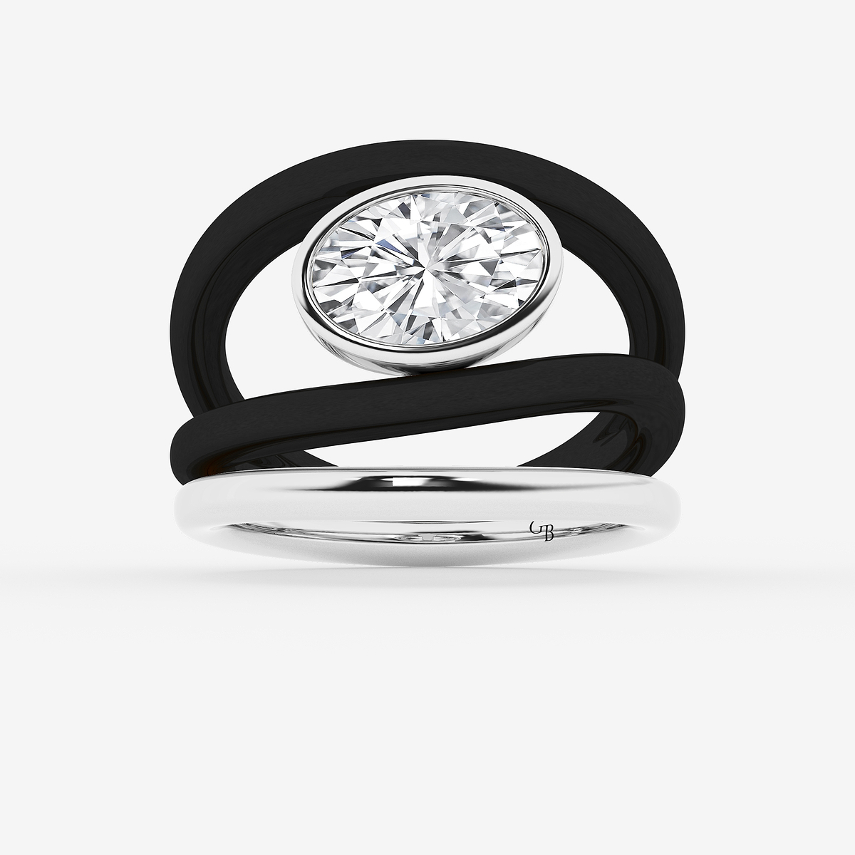 2 ctw Oval Lab Grown Diamond Bezel Set Curve Ring with Black Rodium