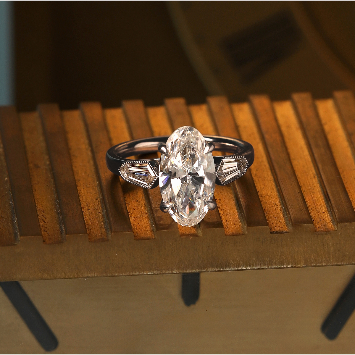 3 1/2 ctw Moval Lab Grown Diamond Vintage Three Stone Engagement Ring