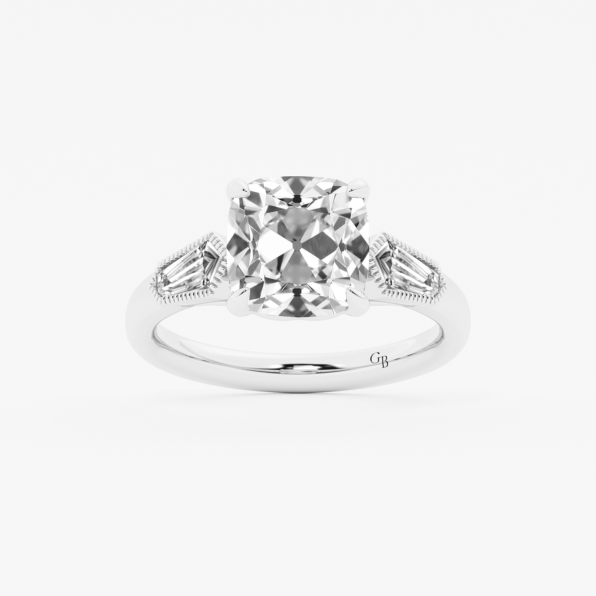 2 1/2 ctw Cushion Old Mine Cut Lab Grown Diamond Lab Grown Diamond Vintage Three Stone Engagement Ring