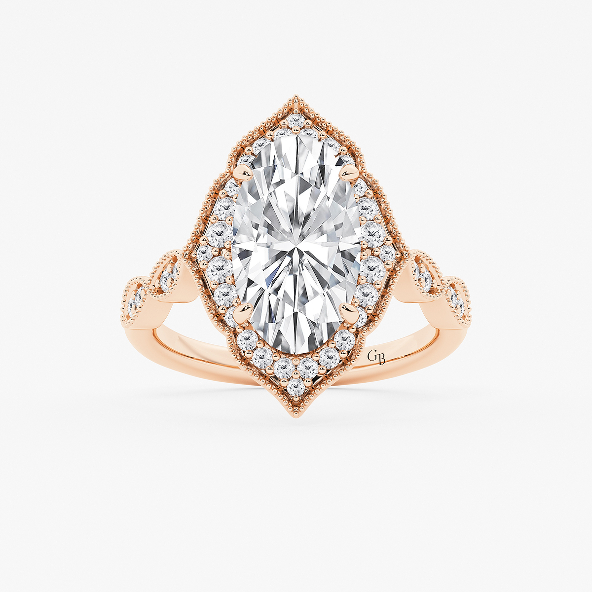 3 1/3 ctw Moval Lab Grown Diamond Twisted Vintage Side Stone Engagement Ring