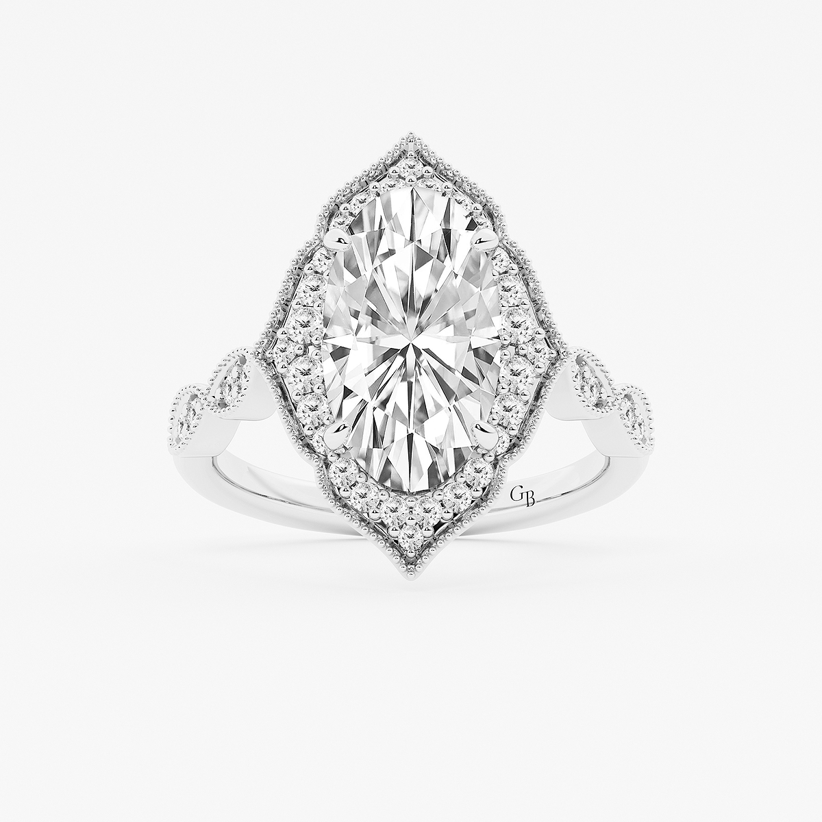 4 1/3 ctw Moval Lab Grown Diamond Twisted Vintage Side Stone Engagement Ring