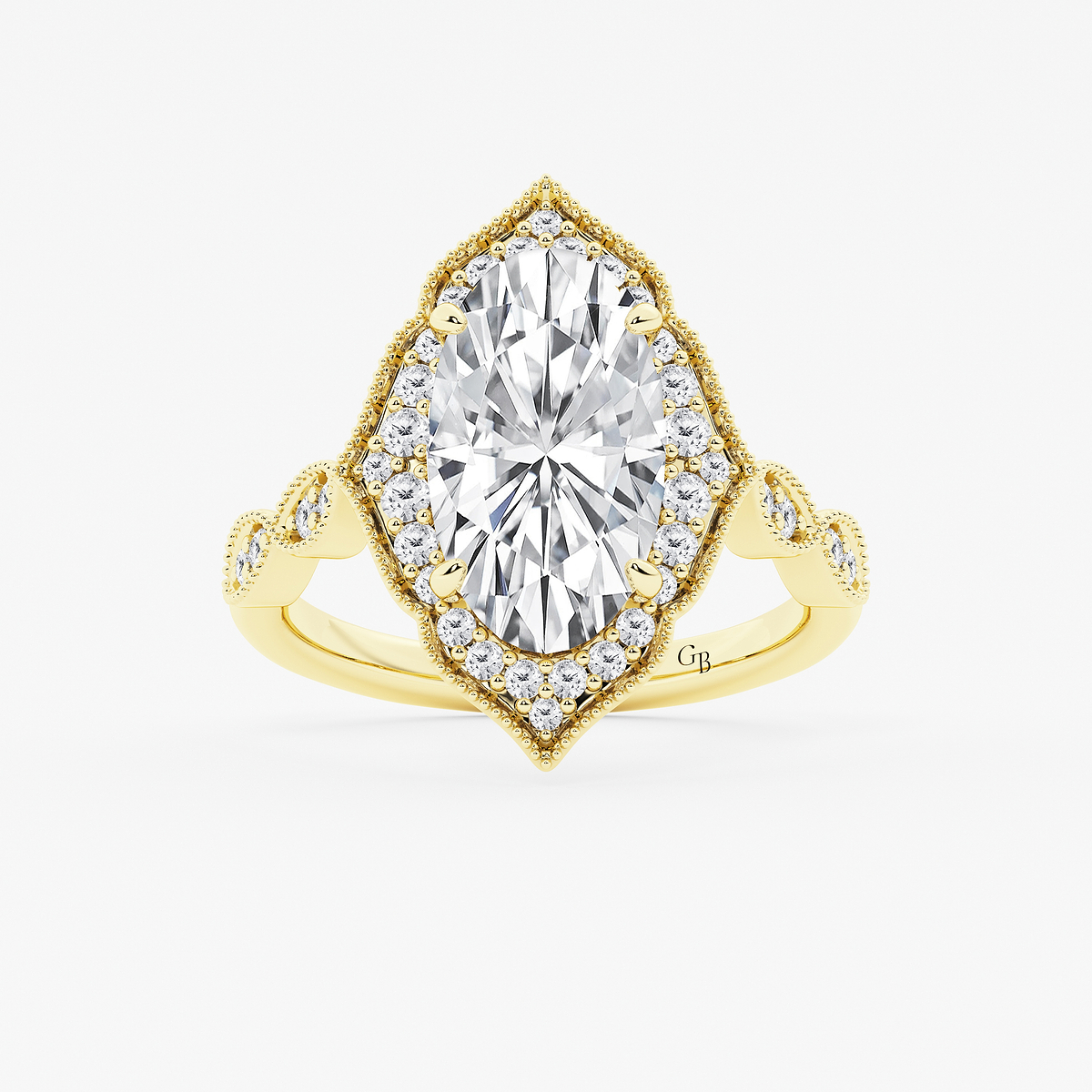 3 1/3 ctw Moval Lab Grown Diamond Twisted Vintage Side Stone Engagement Ring