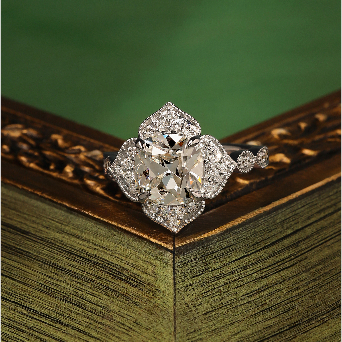2 1/3 ctw Cushion Old Mine Cut Lab Grown Diamond Lab Grown Diamond Twisted Vintage Side Stone Engagement Ring