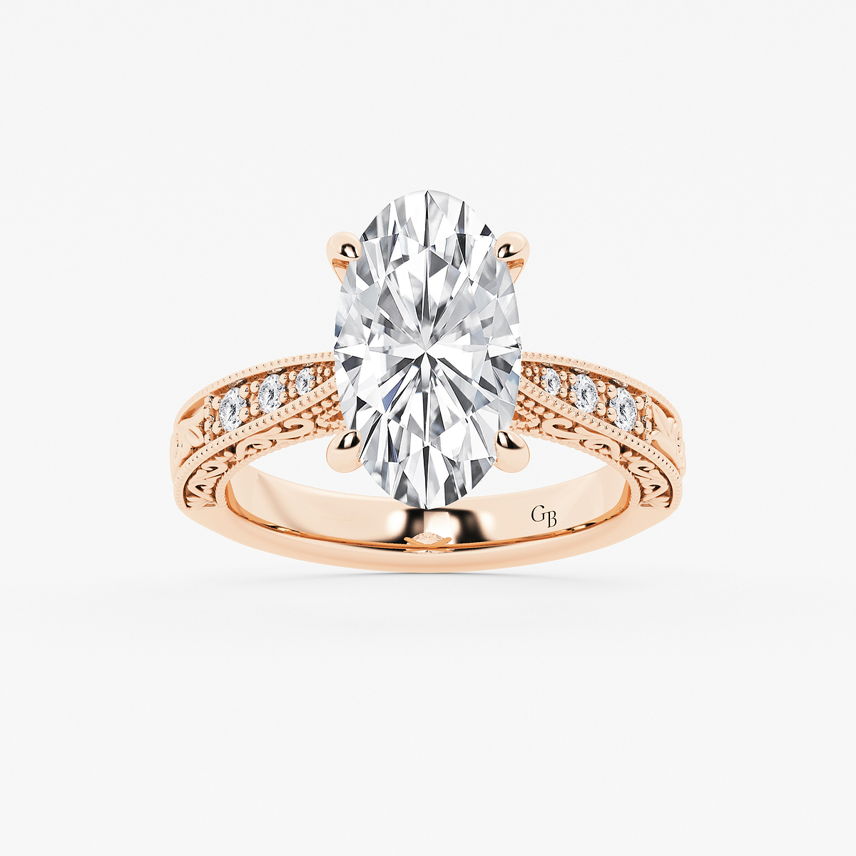 3 ctw Moval Lab Grown Diamond Vintage Side Stone Engagement Ring