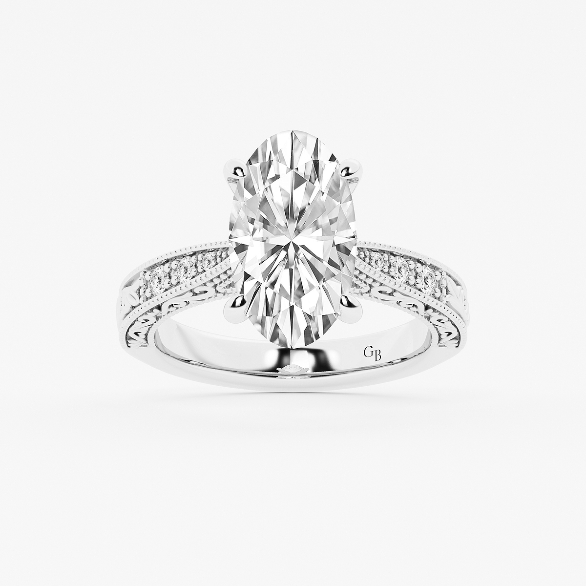 3 ctw Moval Lab Grown Diamond Vintage Side Stone Engagement Ring