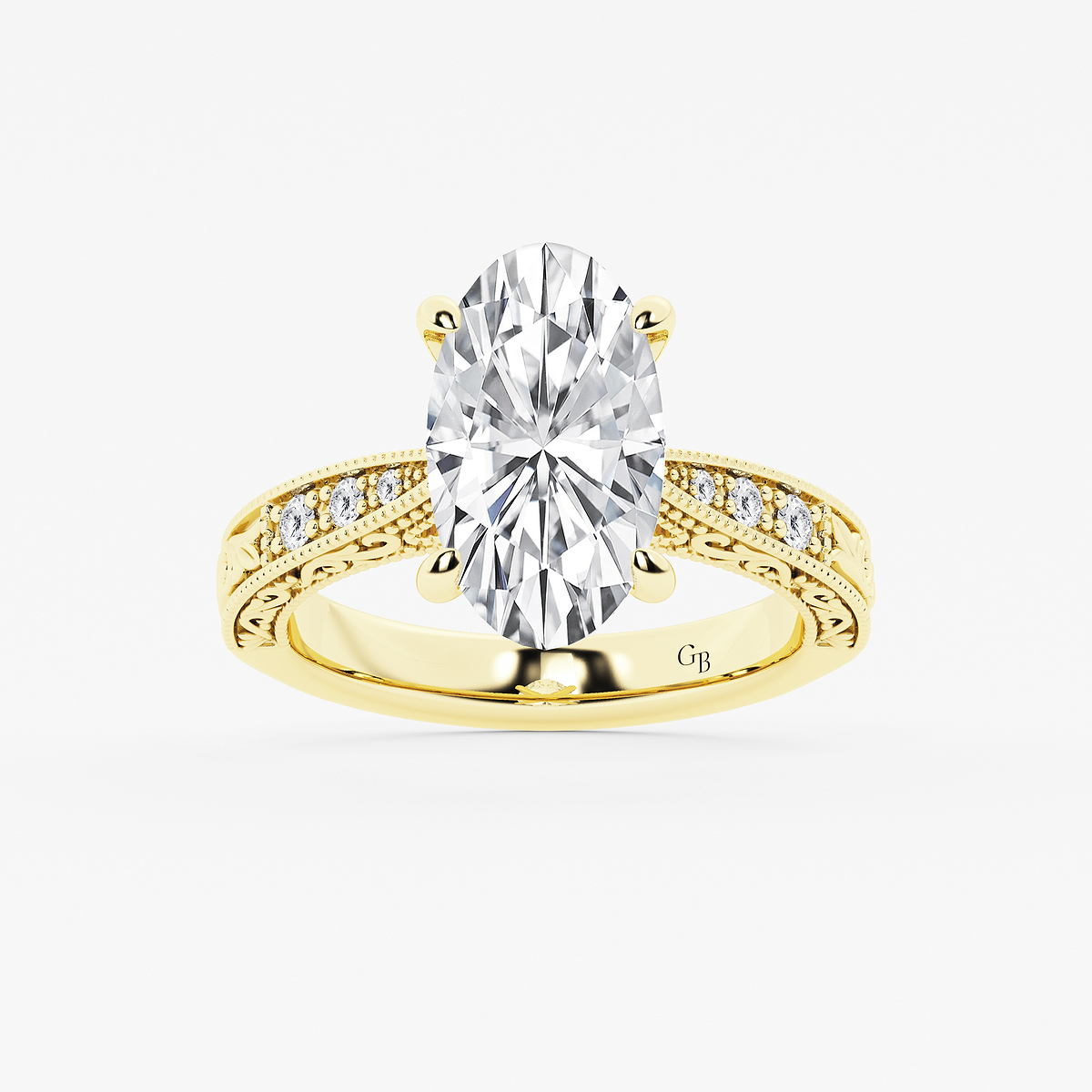 2 ctw Moval Lab Grown Diamond Vintage Side Stone Engagement Ring
