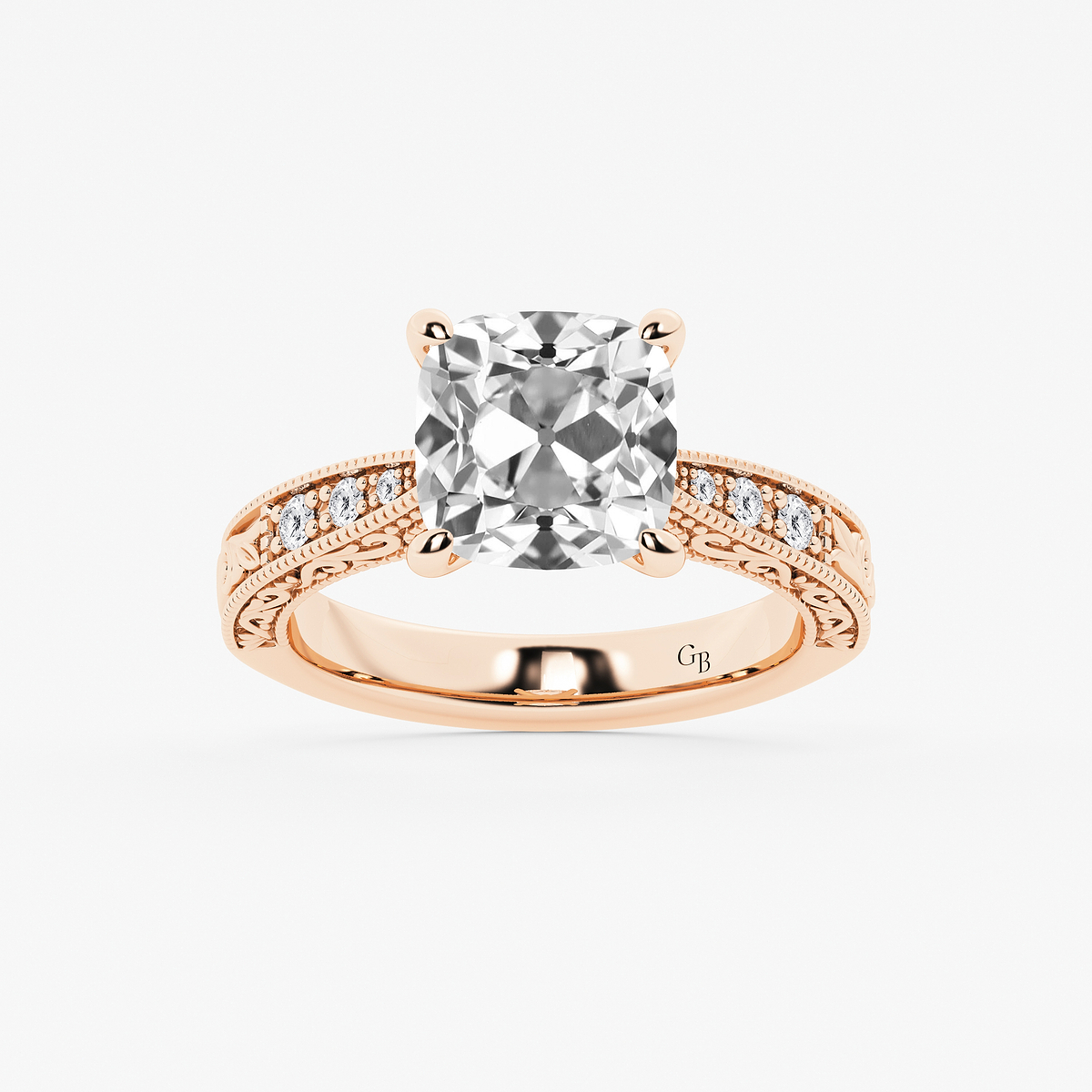 3 ctw Cushion Old Mine Cut Lab Grown Diamond Lab Grown Diamond Vintage Side Stone Engagement Ring