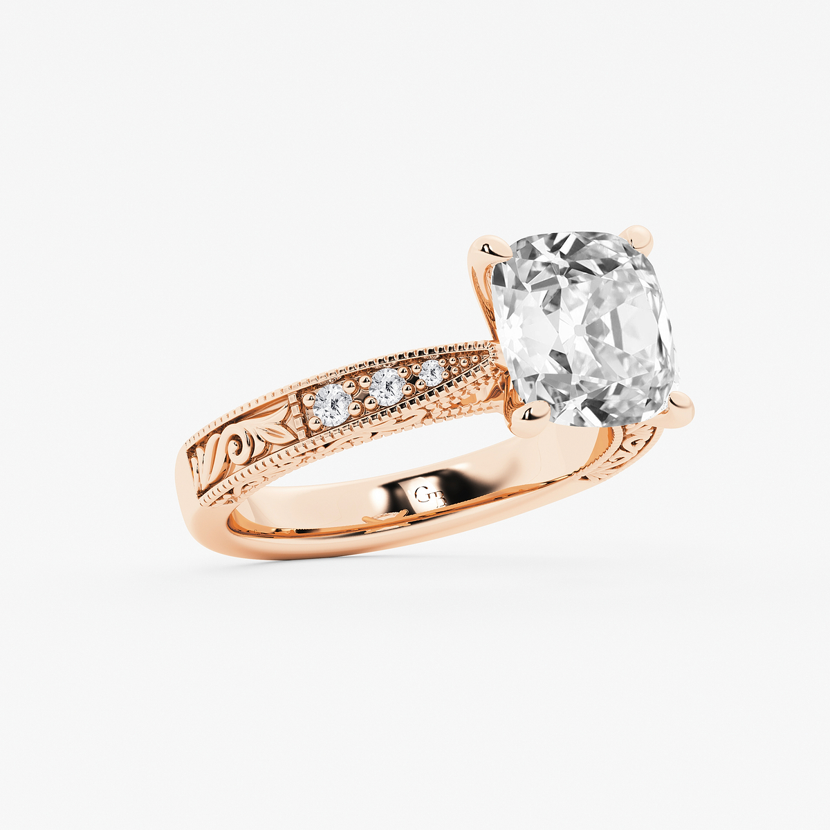 Additional Image 1 for  3 ctw Cushion Old Mine Cut Lab Grown Diamond Lab Grown Diamond Vintage Side Stone Engagement Ring