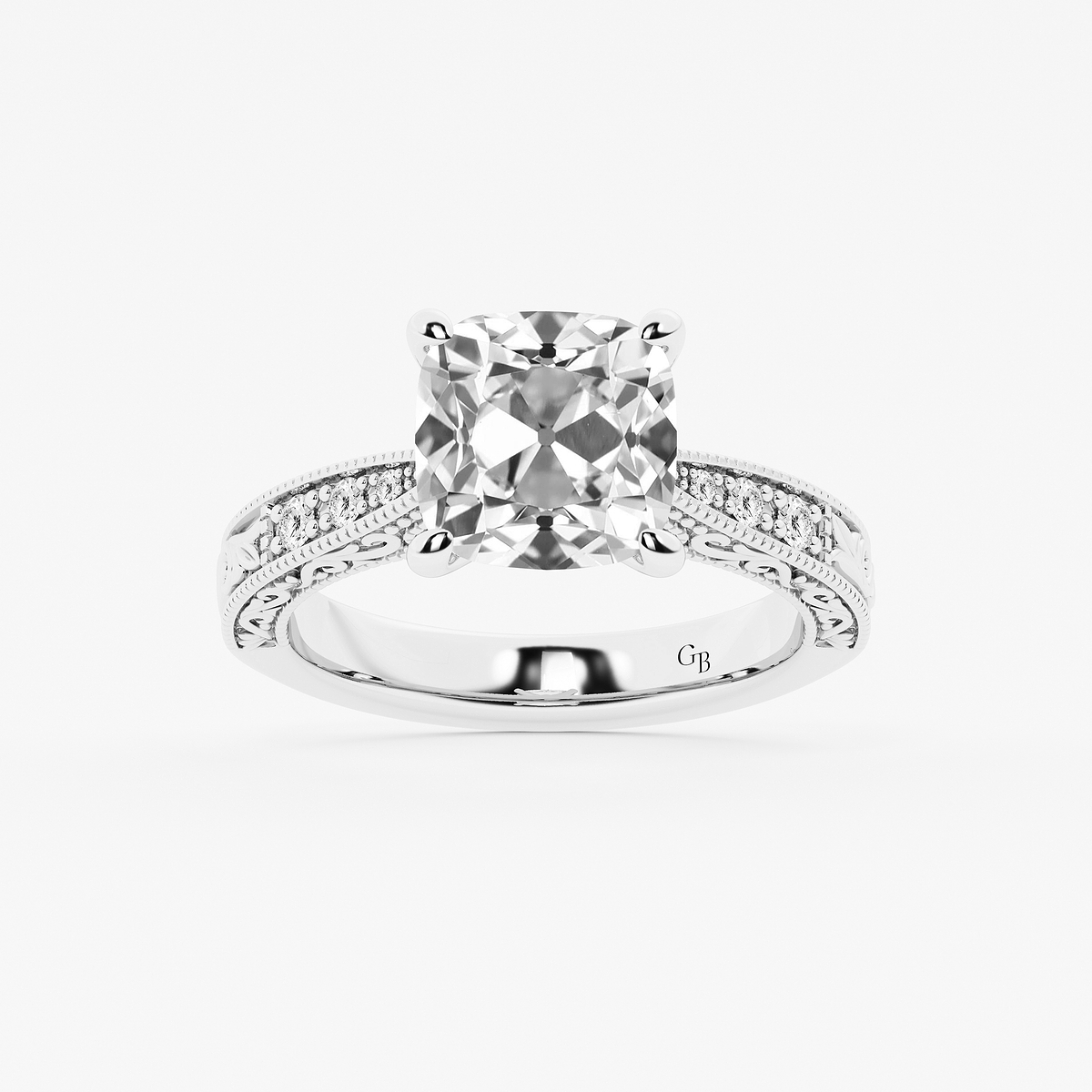 4 ctw Cushion Old Mine Cut Lab Grown Diamond Lab Grown Diamond Vintage Side Stone Engagement Ring