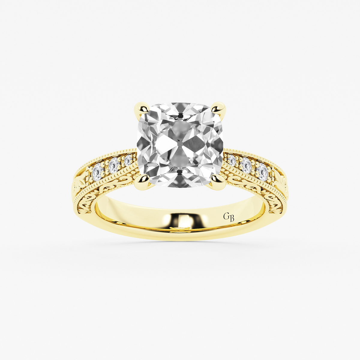 3 ctw Cushion Old Mine Cut Lab Grown Diamond Lab Grown Diamond Vintage Side Stone Engagement Ring