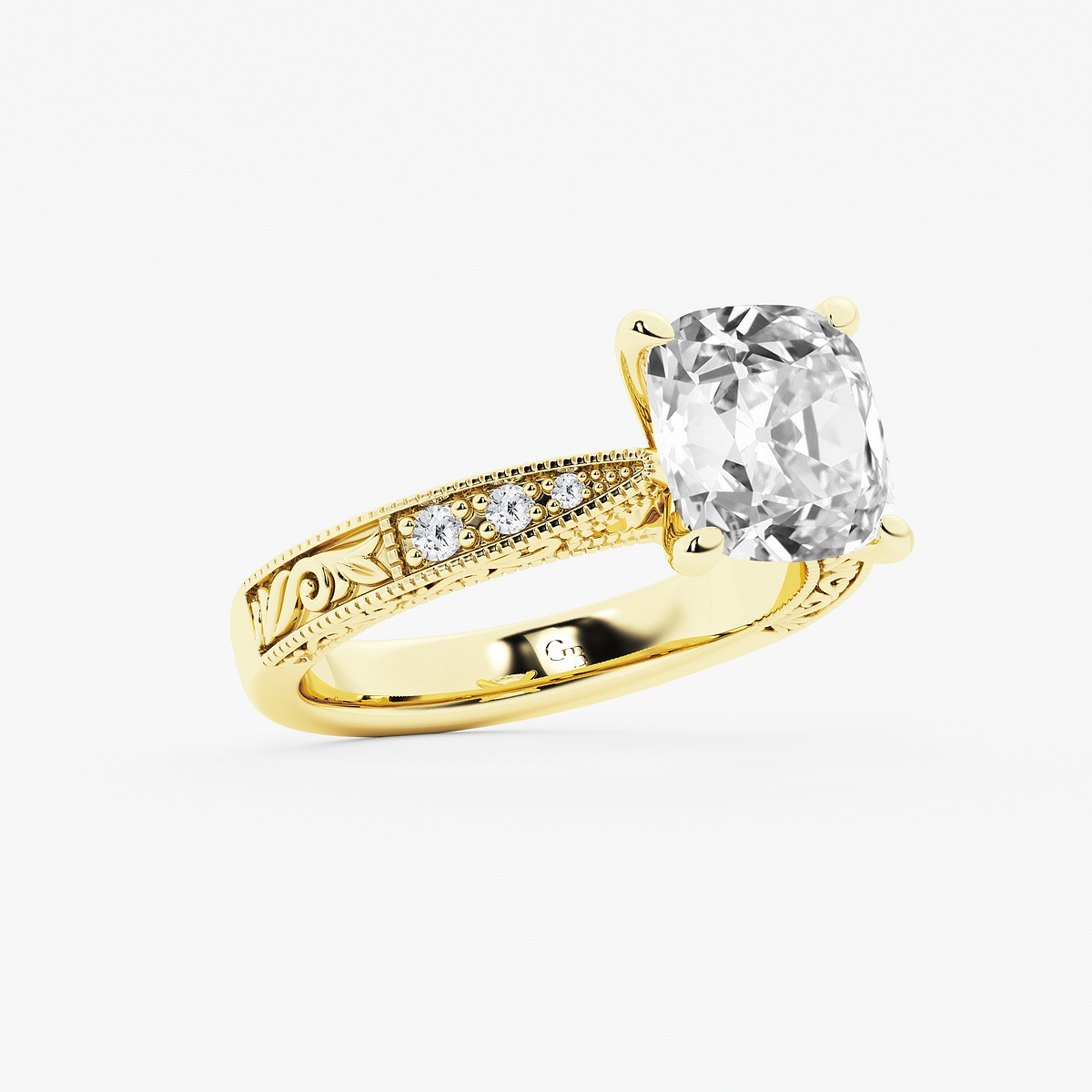 Additional Image 1 for  3 ctw Cushion Old Mine Cut Lab Grown Diamond Lab Grown Diamond Vintage Side Stone Engagement Ring