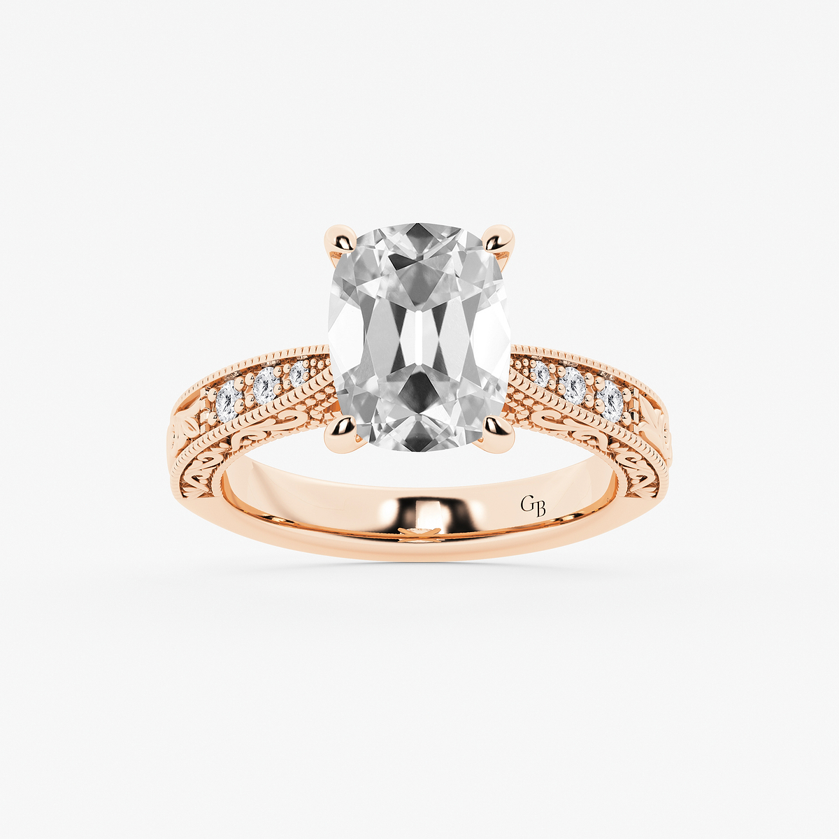4 ctw Elongated Cushion Lab Grown Diamond Vintage Side Stone Engagement Ring