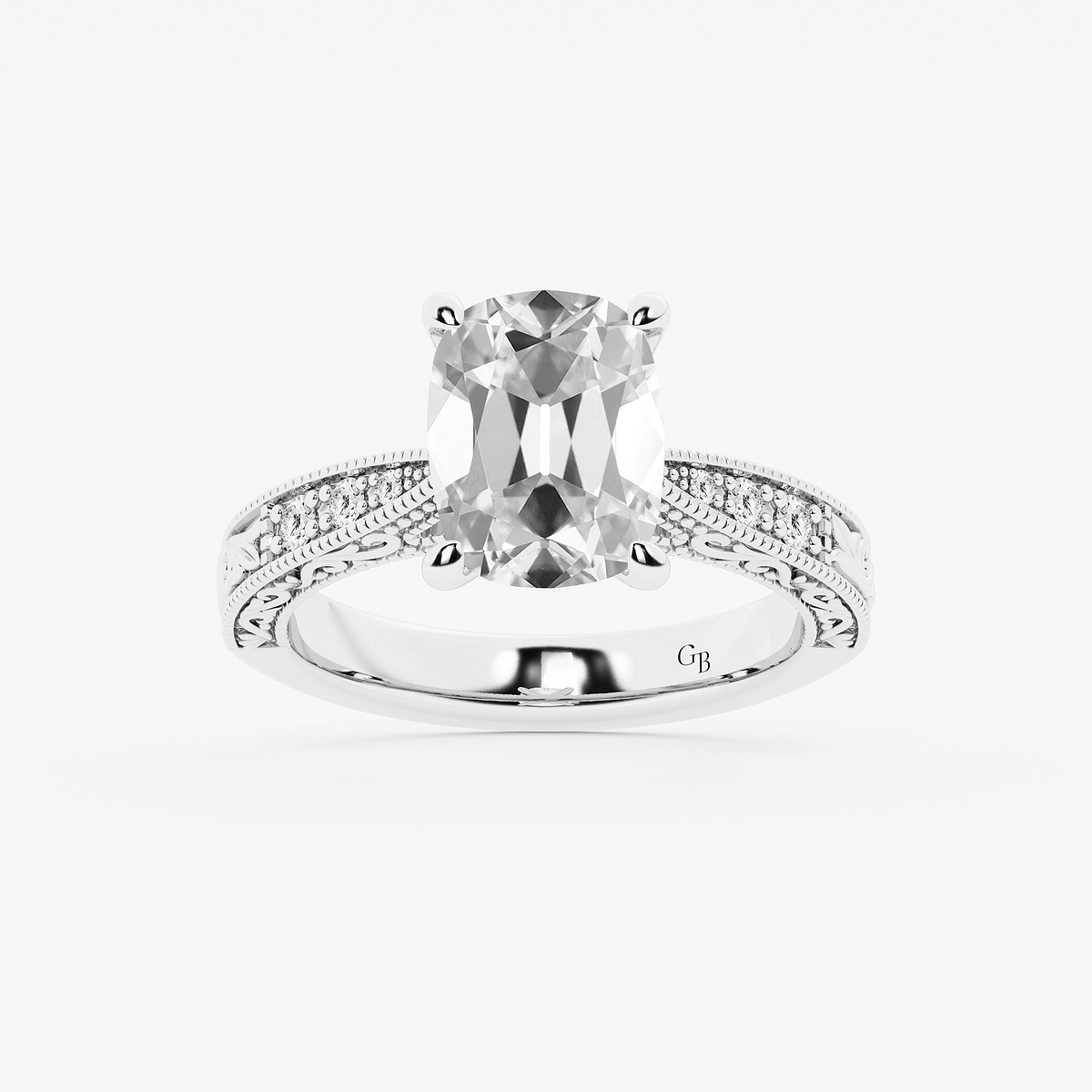 2 ctw Elongated Cushion Lab Grown Diamond Vintage Side Stone Engagement Ring