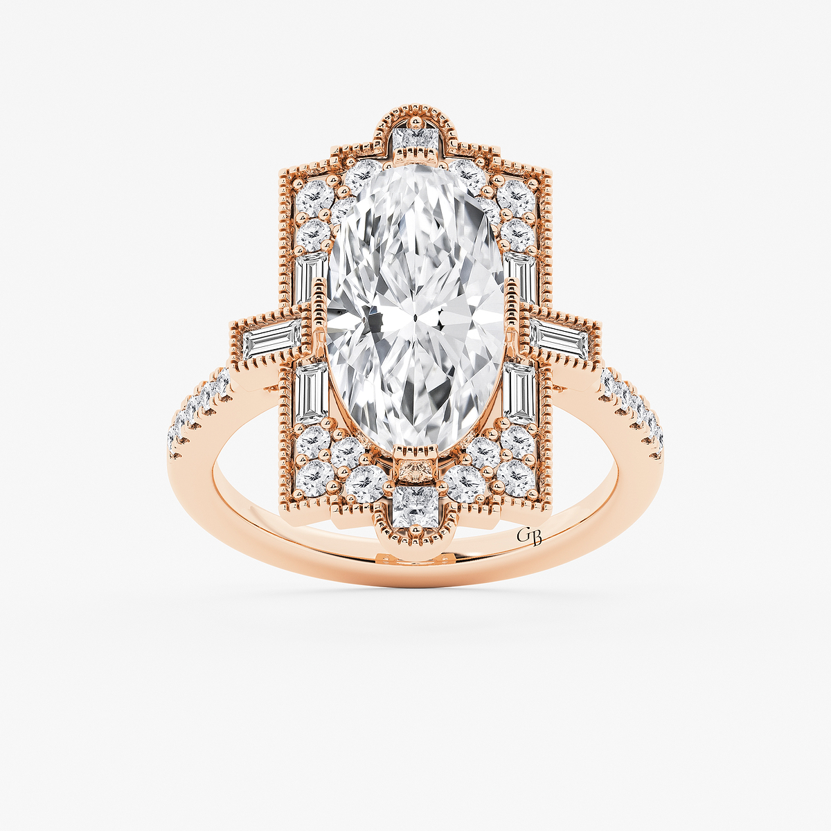 4 3/4 ctw Moval Lab Grown Diamond Vintage Side Stone Engagement Ring