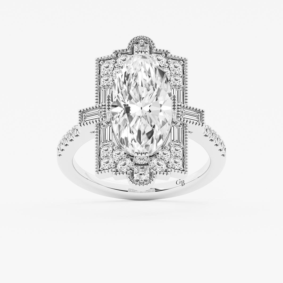 2 3/4 ctw Moval Lab Grown Diamond Vintage Side Stone Engagement Ring