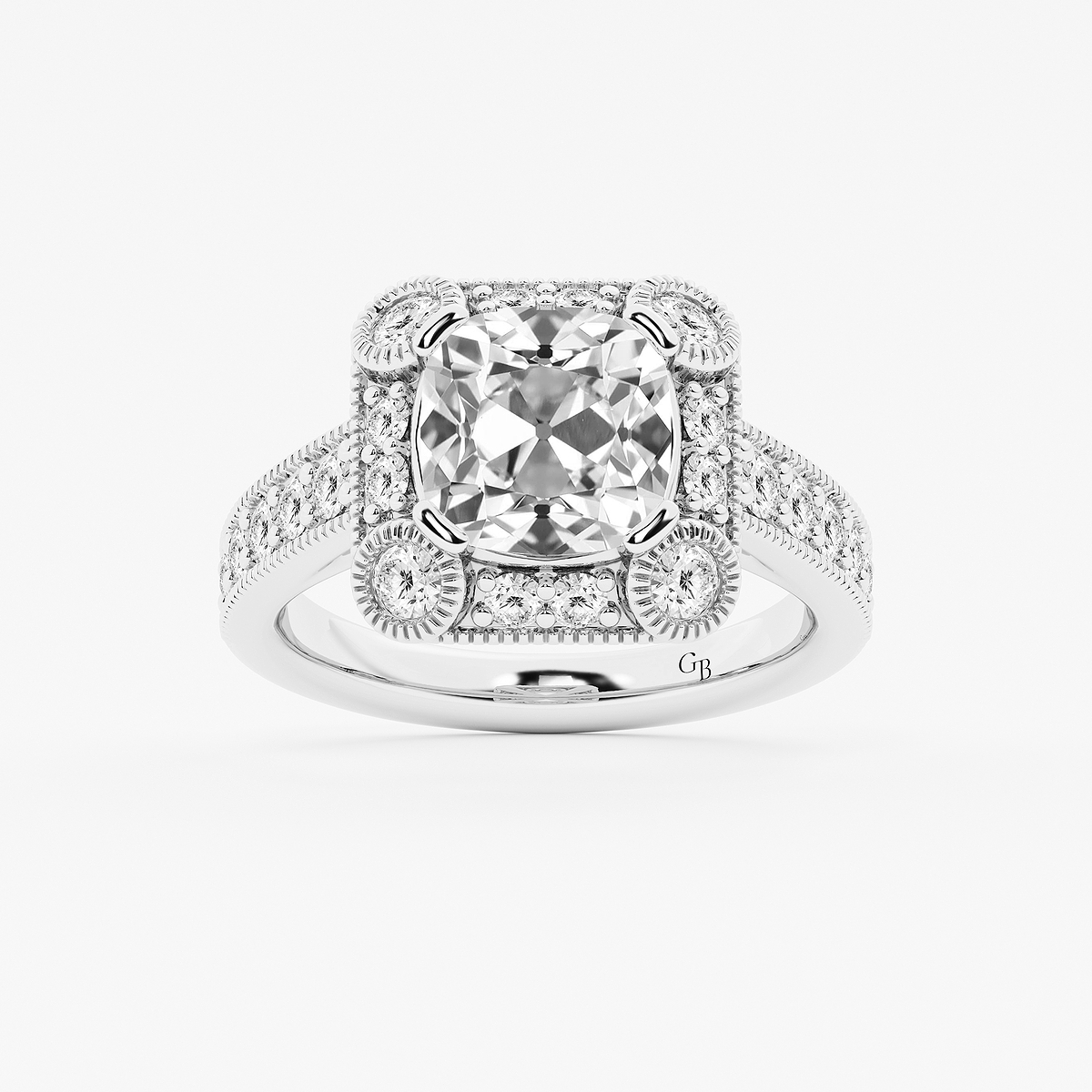 3 ctw Cushion Old Mine Cut Lab Grown Diamond Lab Grown Diamond Vintage Halo Engagement Ring in Milgrain Setting