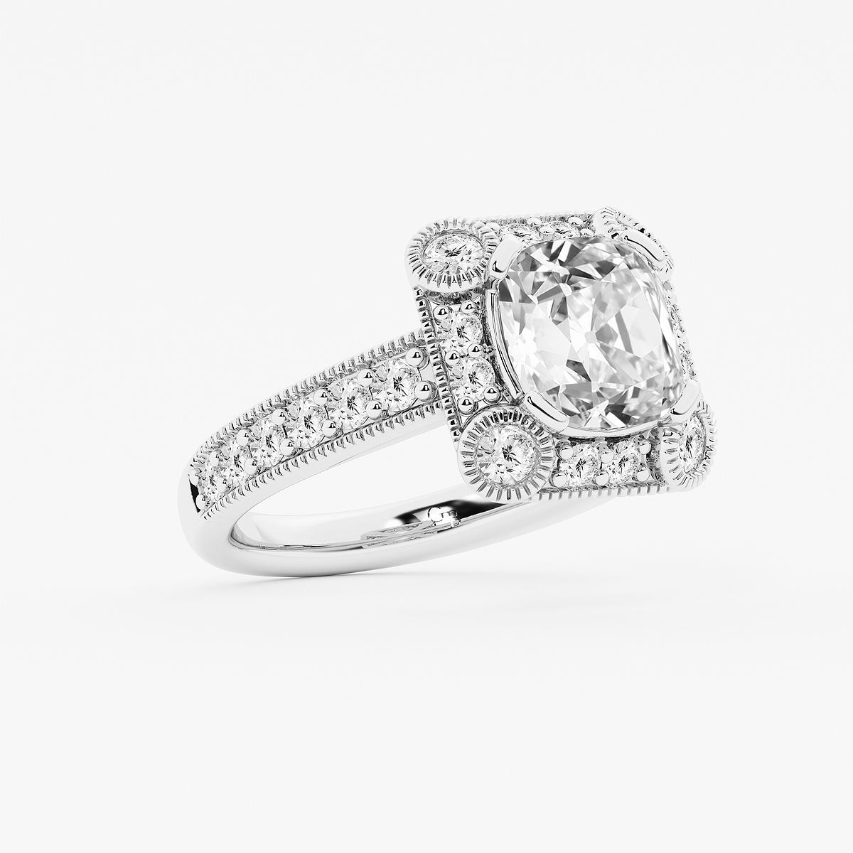 Additional Image 1 for  3 ctw Cushion Old Mine Cut Lab Grown Diamond Lab Grown Diamond Vintage Halo Engagement Ring in Milgrain Setting
