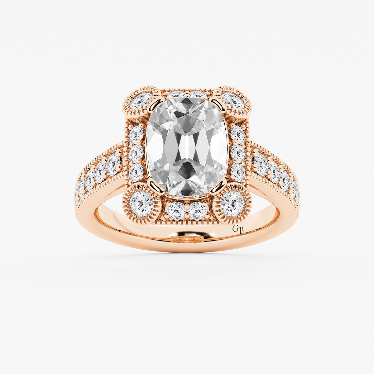 3 ctw Elongated Cushion Lab Grown Diamond Vintage Halo Engagement Ring in Milgrain Setting