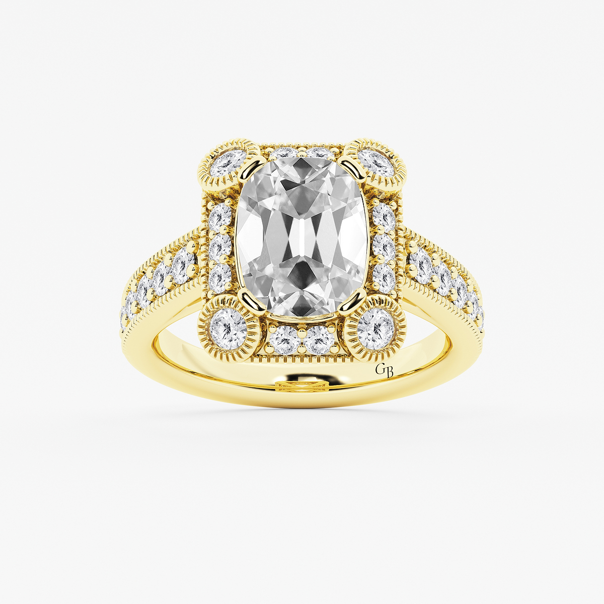4 ctw Elongated Cushion Lab Grown Diamond Vintage Halo Engagement Ring in Milgrain Setting