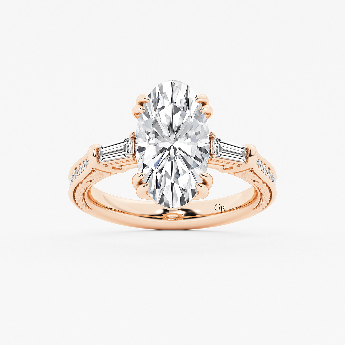 2 1/2 ctw Moval Lab Grown Diamond Vintage Filigree with Baguettes Side Stone Engagement Ring
