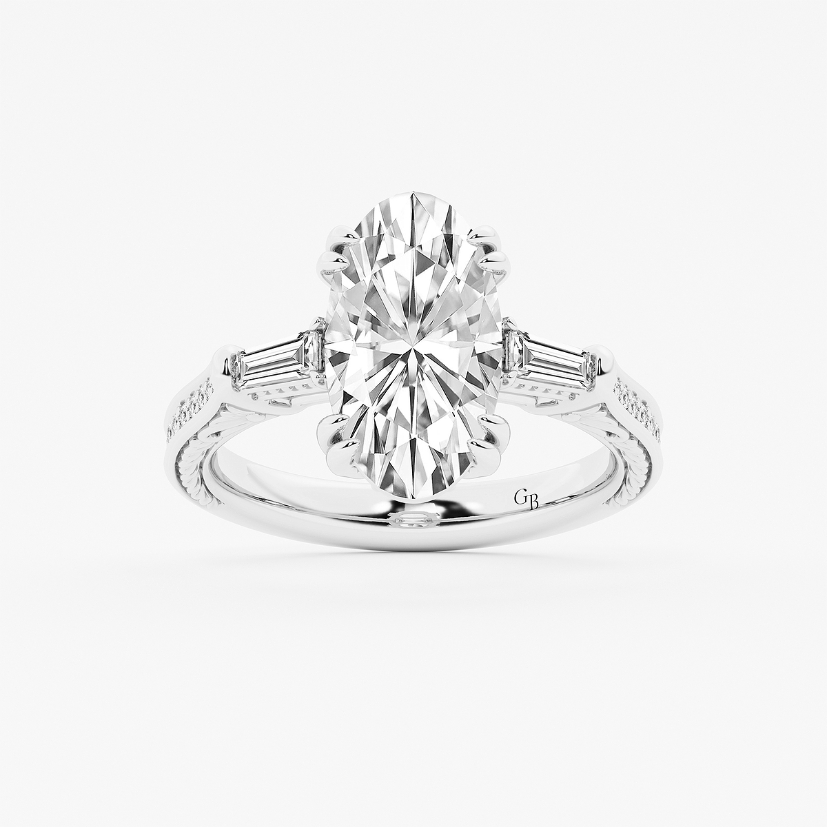 3 1/2 ctw Moval Lab Grown Diamond Vintage Filigree with Baguettes Side Stone Engagement Ring