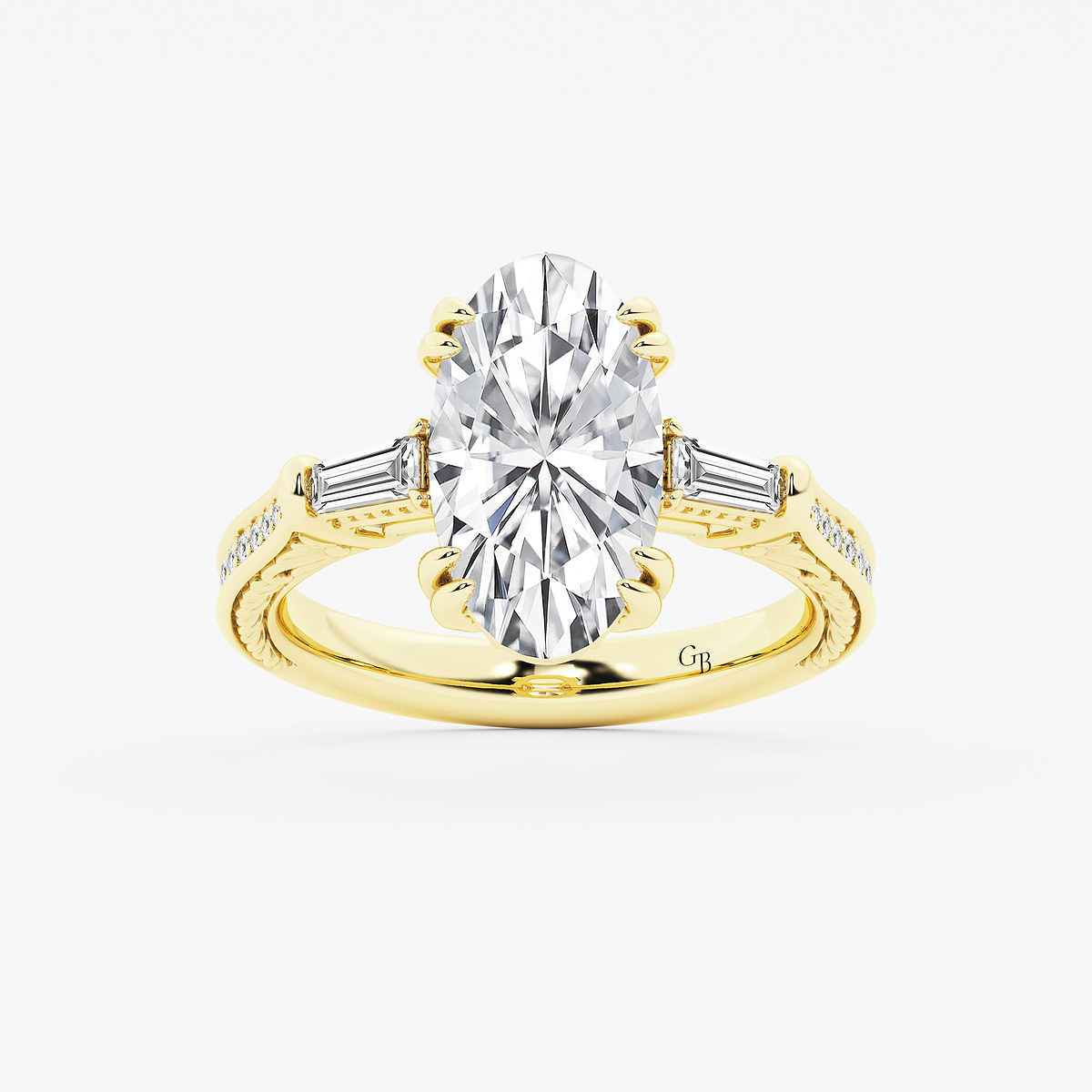 4 1/2 ctw Moval Lab Grown Diamond Vintage Filigree with Baguettes Side Stone Engagement Ring