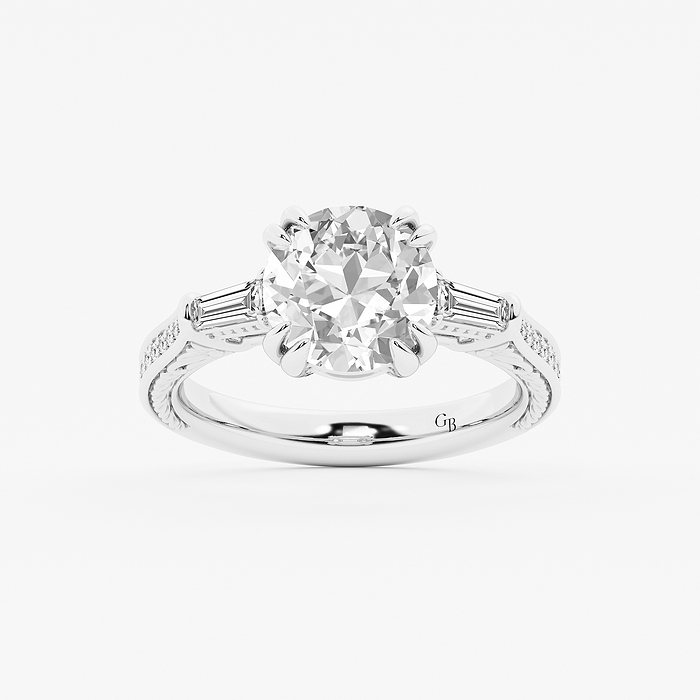 Margaret - 4 1/2 ctw Old European Cut Lab Grown Diamond Vintage Filigree with Baguettes Side Stone Engagement Ring