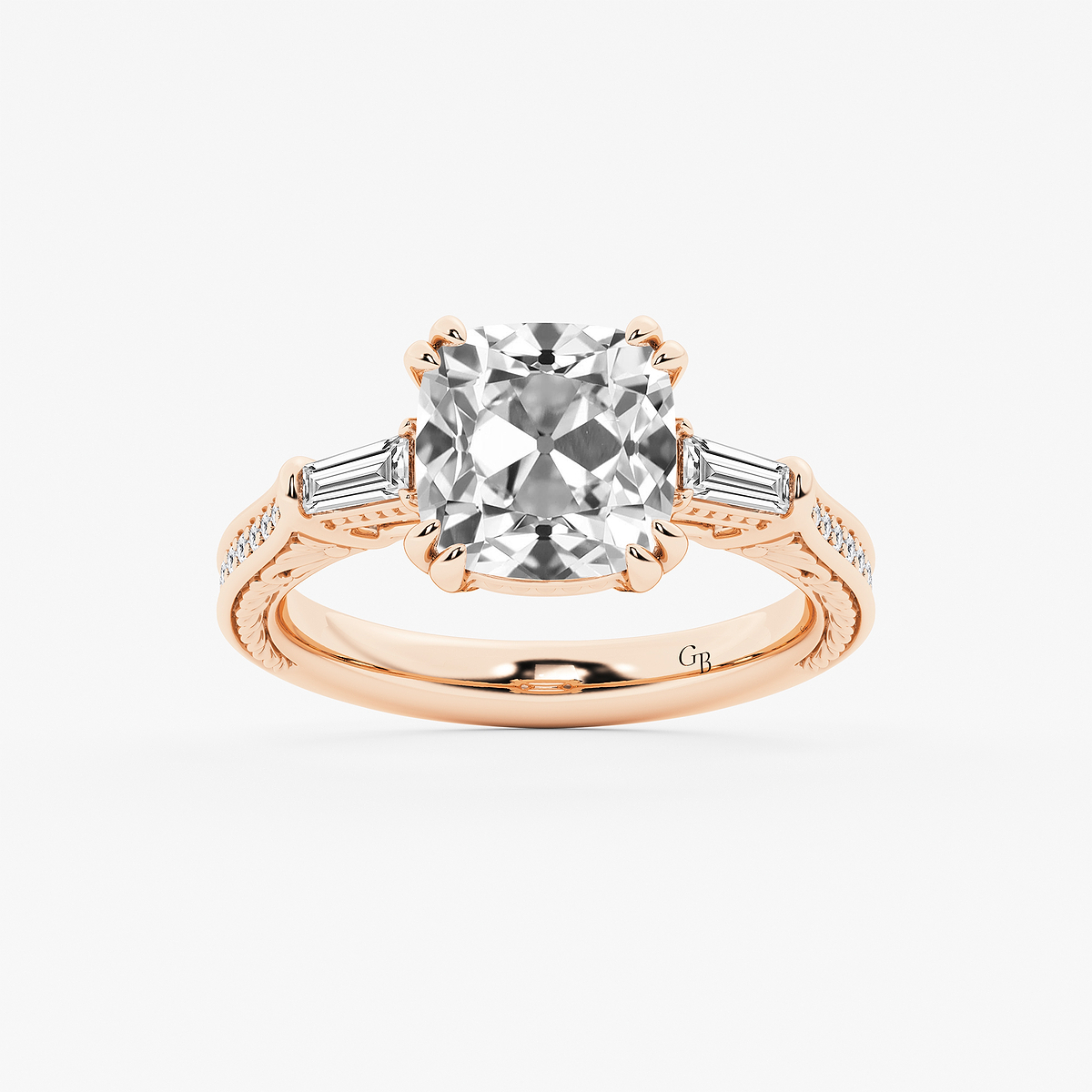 3 1/2 ctw Cushion Old Mine Cut Lab Grown Diamond Lab Grown Diamond Vintage Filigree with Baguettes Side Stone Engagement Ring