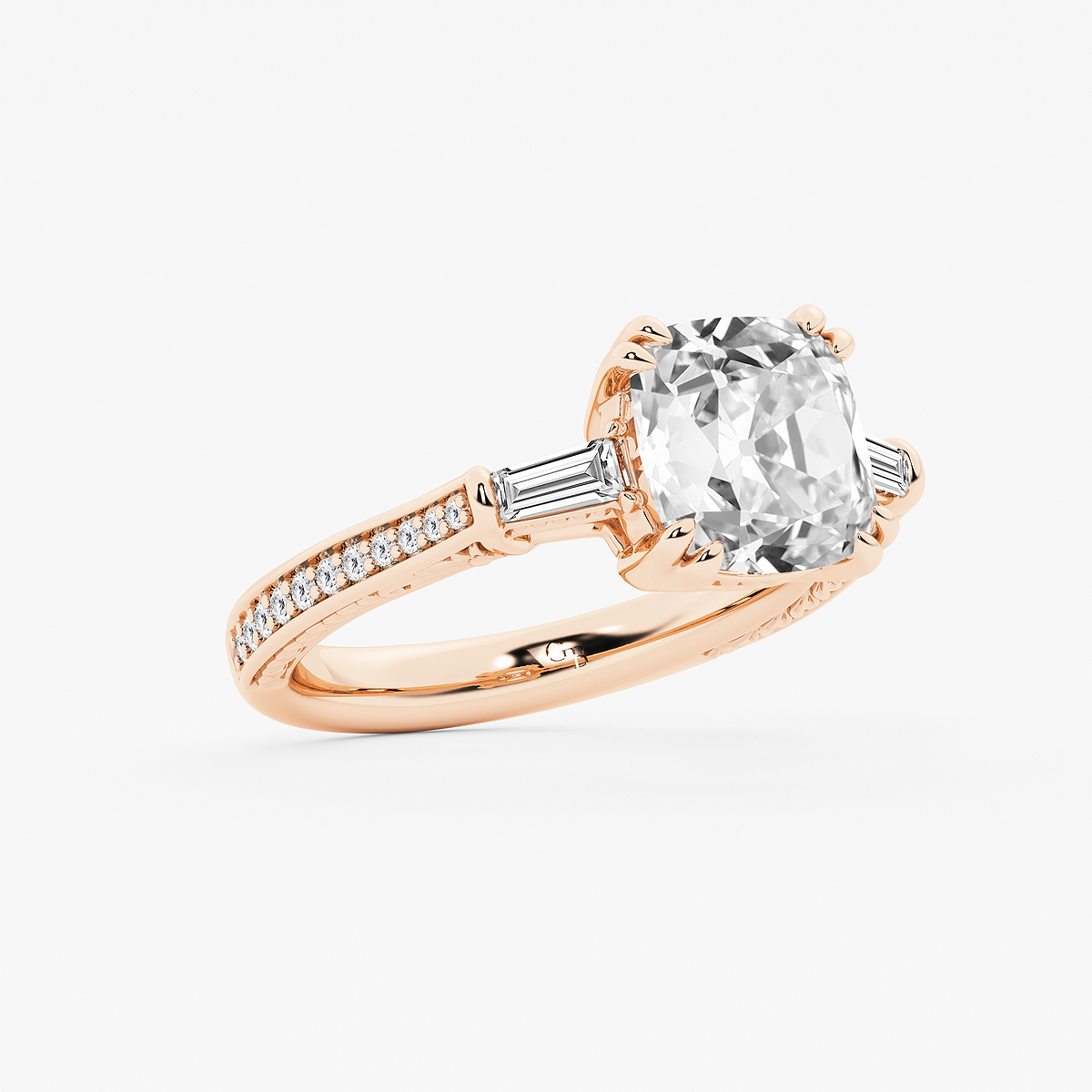 Additional Image 1 for  3 1/2 ctw Cushion Old Mine Cut Lab Grown Diamond Lab Grown Diamond Vintage Filigree with Baguettes Side Stone Engagement Ring