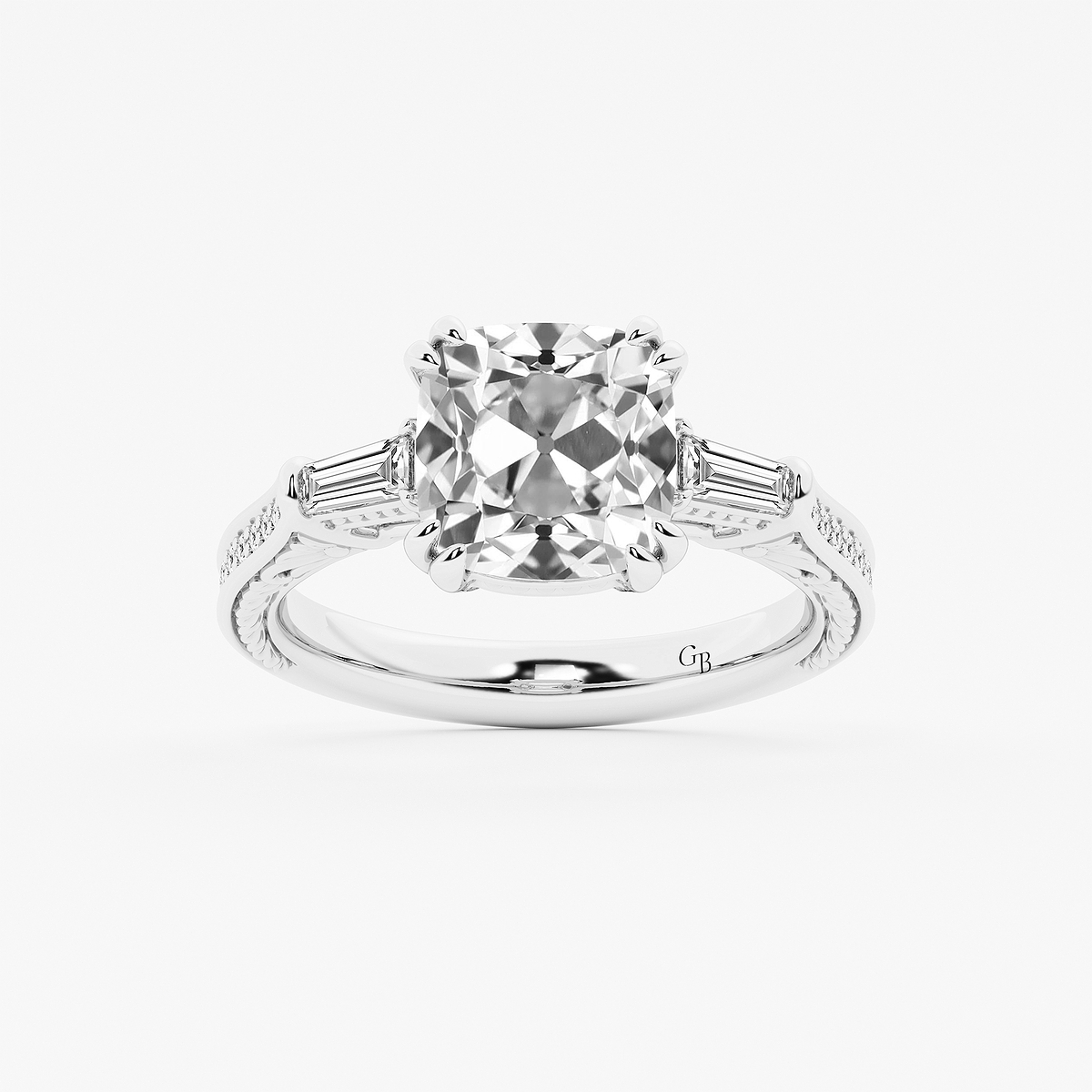 3 1/2 ctw Cushion Old Mine Cut Lab Grown Diamond Lab Grown Diamond Vintage Filigree with Baguettes Side Stone Engagement Ring