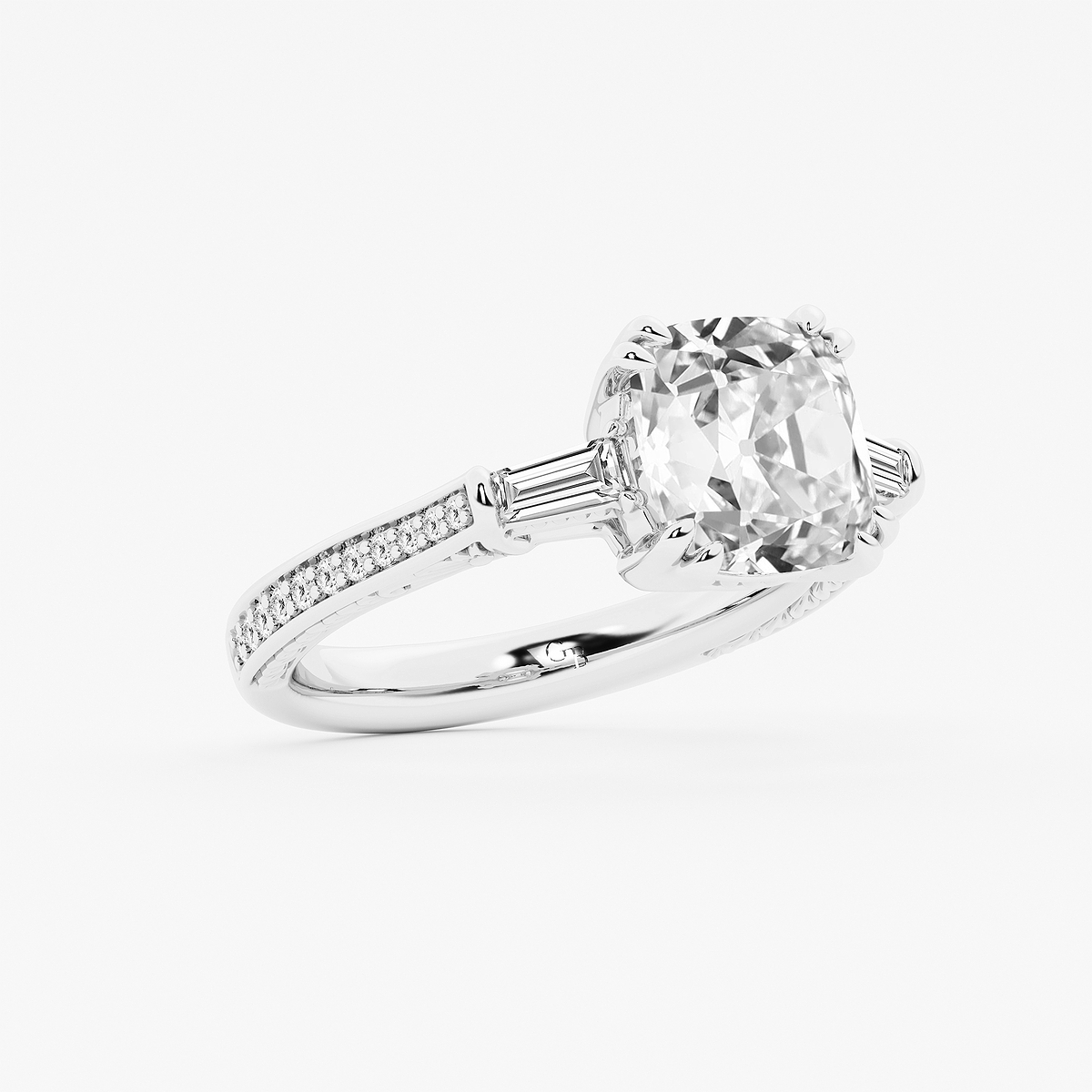 Additional Image 1 for  3 1/2 ctw Cushion Old Mine Cut Lab Grown Diamond Lab Grown Diamond Vintage Filigree with Baguettes Side Stone Engagement Ring